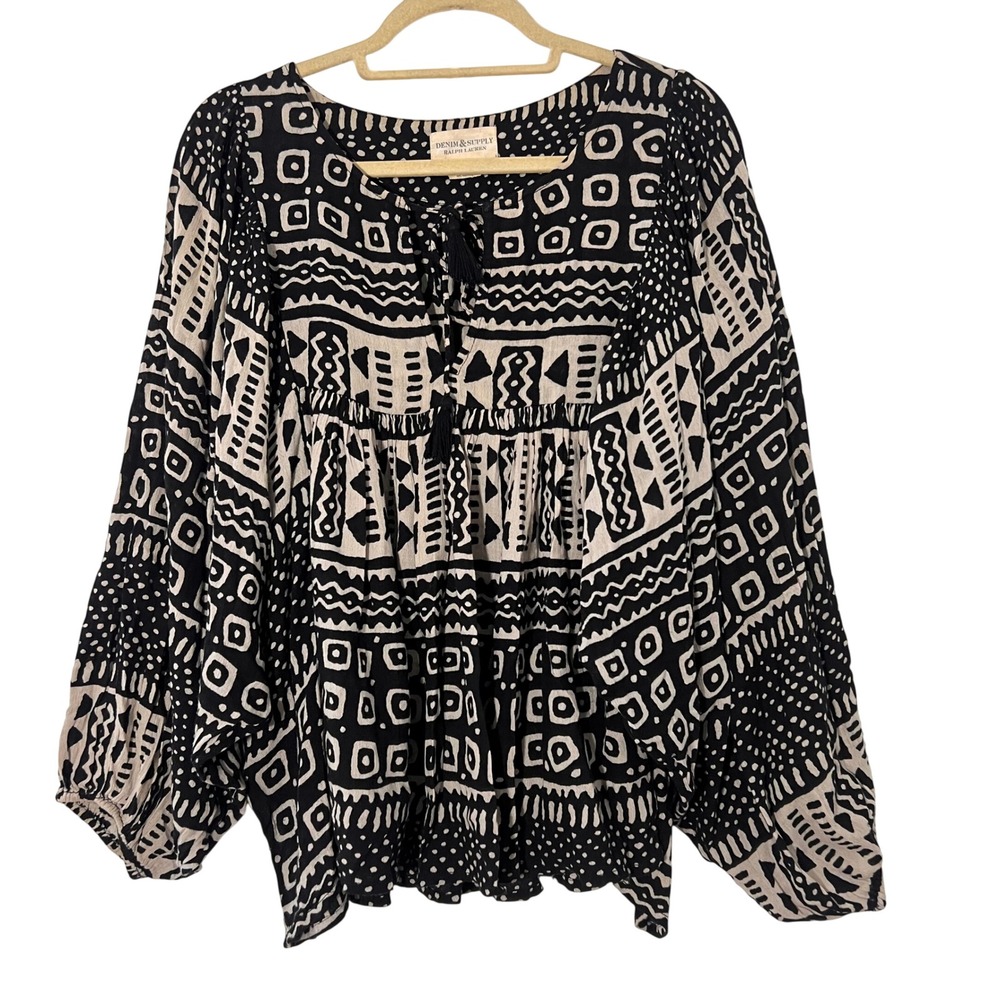 Denim & Supply Ralph Lauren Blouse Size S Tribal Print Tassel Flowy Peasant Boho